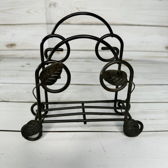 Vintage Black Metal Kitchen Dining Napkin Holder With Leaf Design Home Decor - Picture 1 of 5